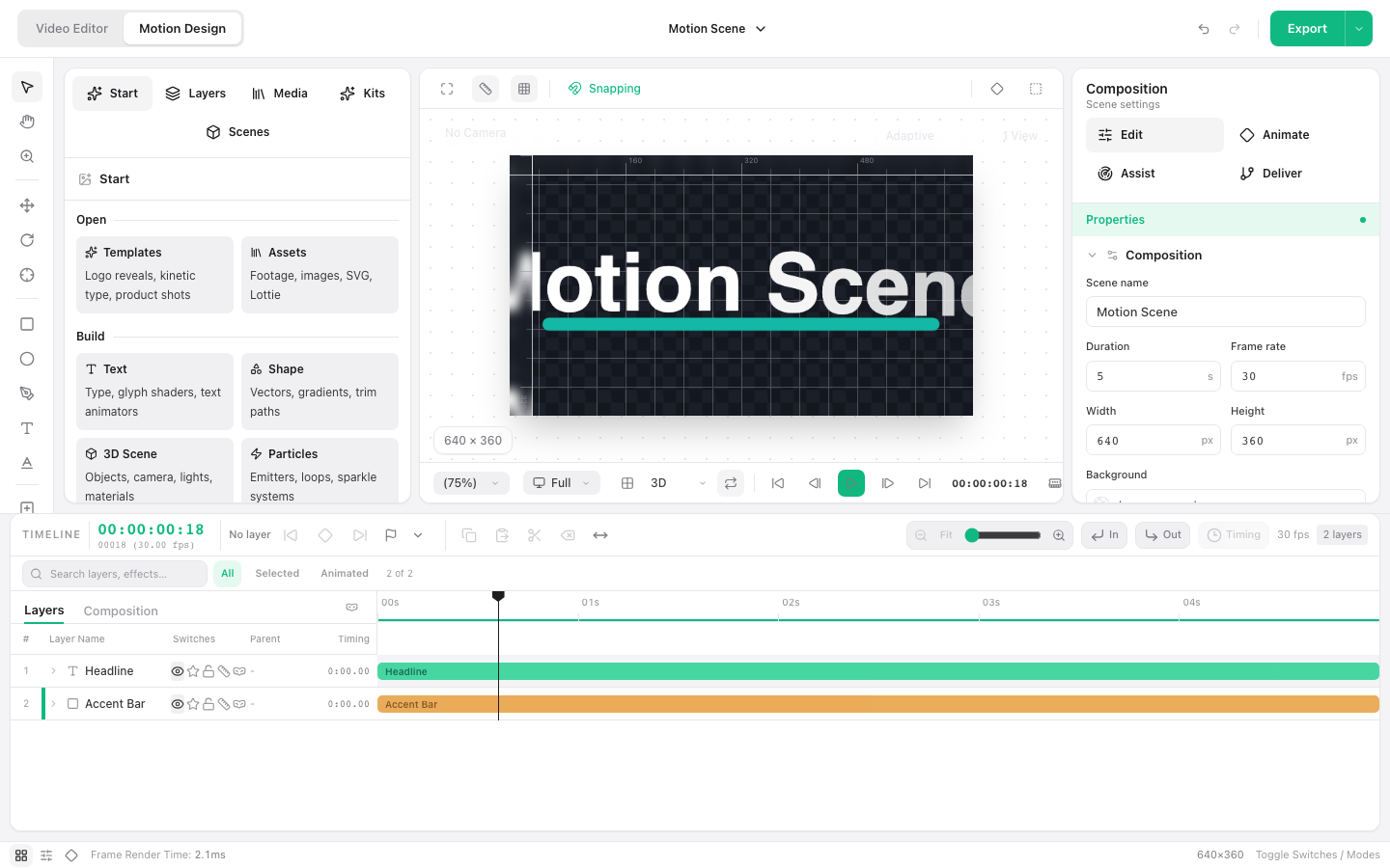 Motion Design workspace with composition canvas, text and shape layers, properties, and keyframe timeline
