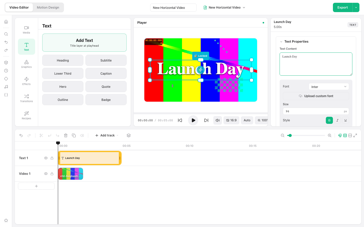 Video editor with the Text panel, editable Launch Day title, preview canvas, and text track visible