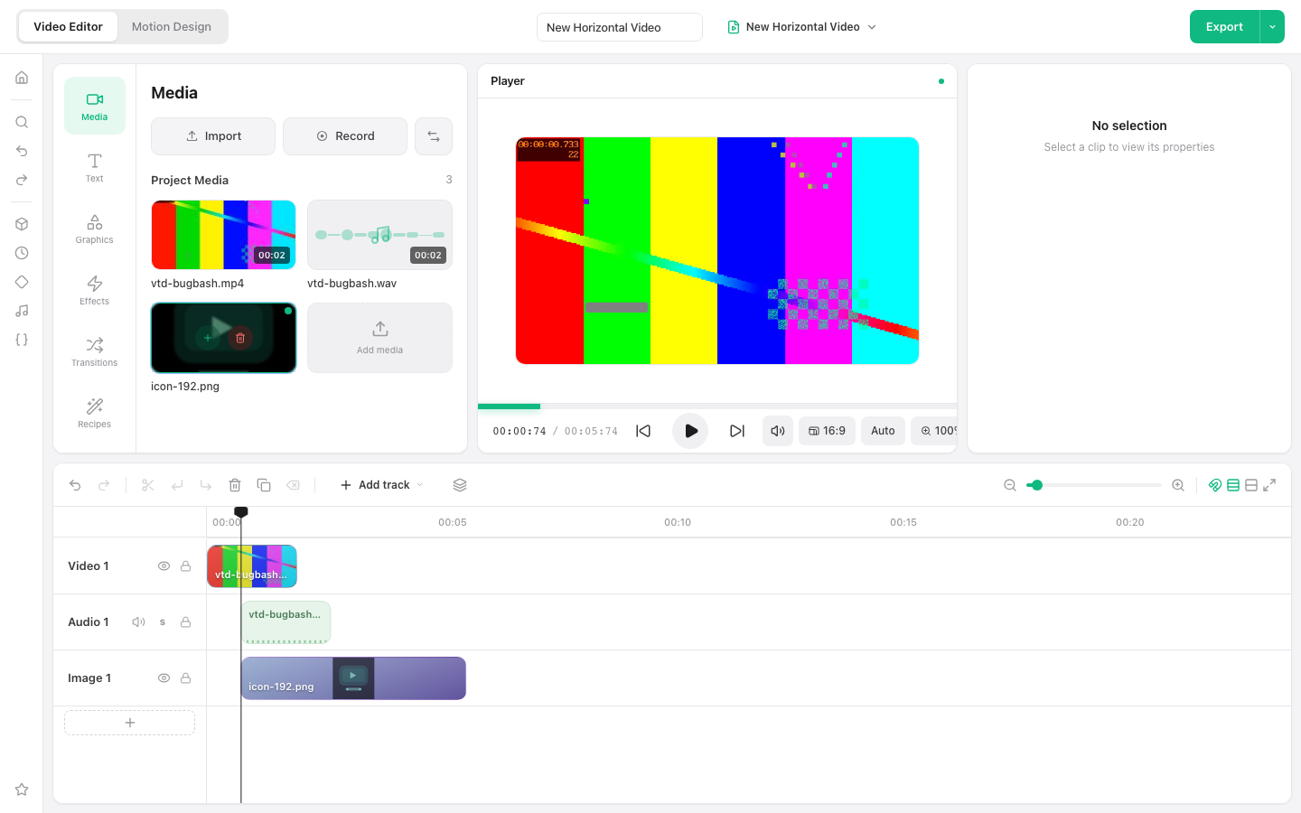 Video editor showing imported video, audio, and image media with separate tracks on the timeline